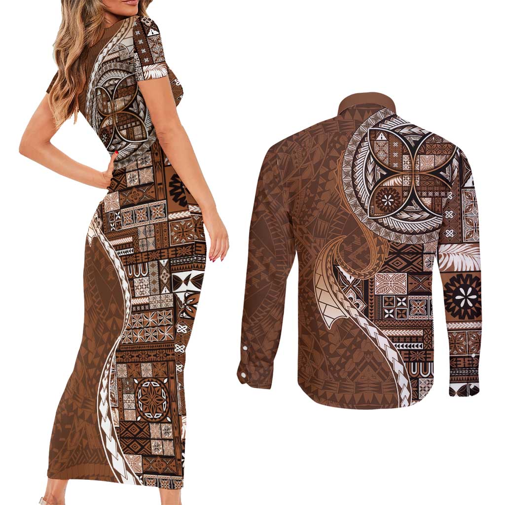 Samoan Siapo Art Tattoo Polynesian Pattern Couples Matching Short Sleeve Bodycon Dress and Long Sleeve Button Shirt Brown Color - Polynesian Pride