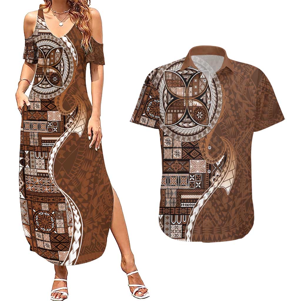 Samoan Siapo Art Tattoo Polynesian Pattern Couples Matching Summer Maxi Dress and Hawaiian Shirt Brown Color - Polynesian Pride