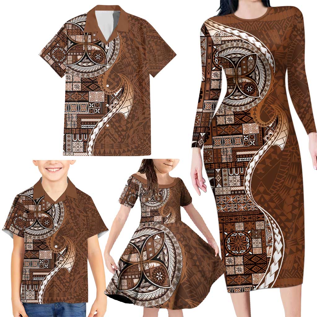 Samoan Siapo Art Tattoo Polynesian Pattern Family Matching Long Sleeve Bodycon Dress and Hawaiian Shirt Brown Color - Polynesian Pride