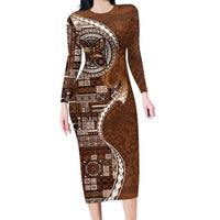 Samoan Siapo Art Tattoo Polynesian Pattern Family Matching Long Sleeve Bodycon Dress and Hawaiian Shirt Brown Color - Polynesian Pride