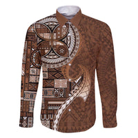 Samoan Siapo Art Tattoo Polynesian Pattern Family Matching Off The Shoulder Long Sleeve Dress and Hawaiian Shirt Brown Color - Polynesian Pride