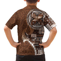 Samoan Siapo Art Tattoo Polynesian Pattern Family Matching Off Shoulder Short Dress and Hawaiian Shirt Brown Color - Polynesian Pride