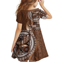 Samoan Siapo Art Tattoo Polynesian Pattern Family Matching Off Shoulder Short Dress and Hawaiian Shirt Brown Color - Polynesian Pride