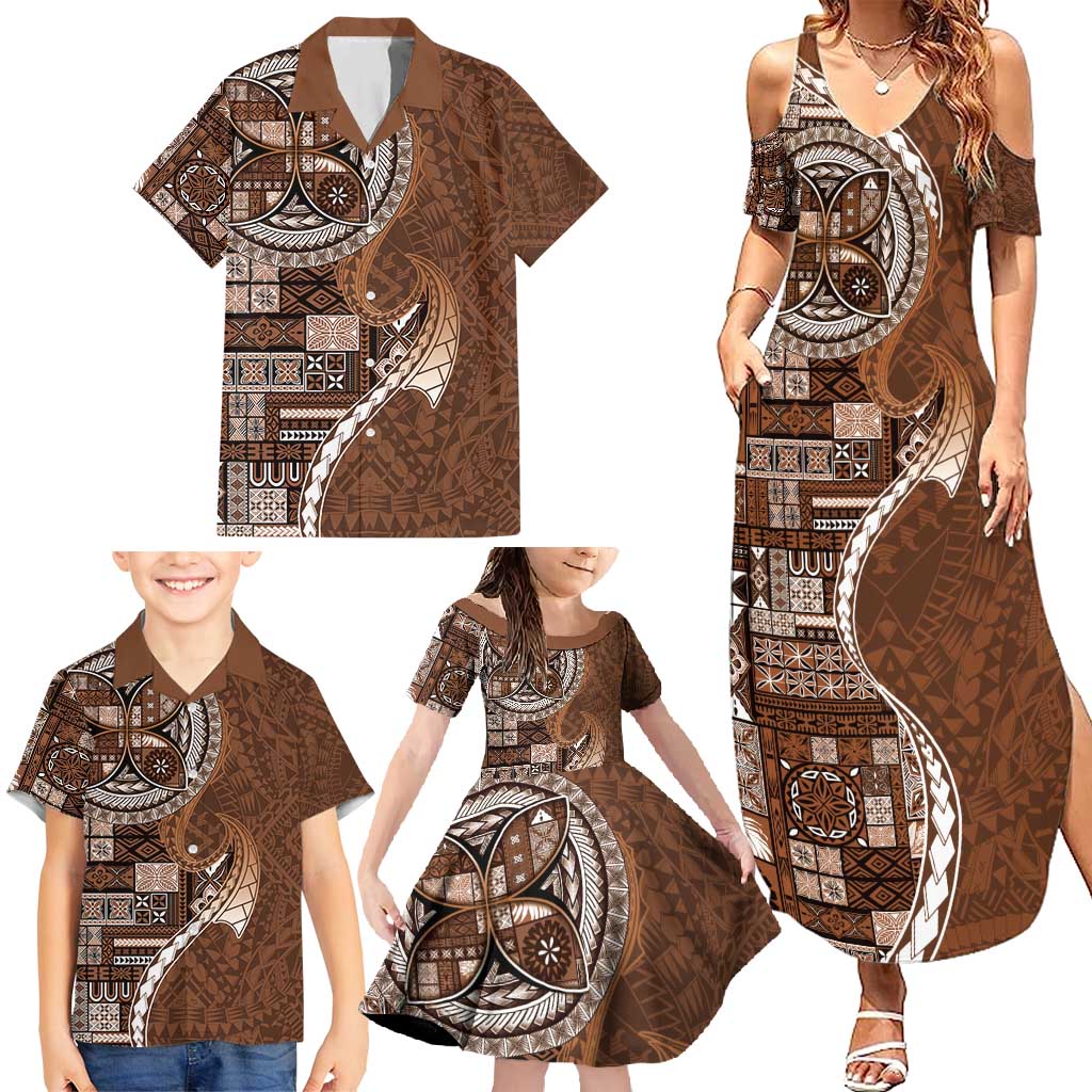 Samoan Siapo Art Tattoo Polynesian Pattern Family Matching Summer Maxi Dress and Hawaiian Shirt Brown Color - Polynesian Pride