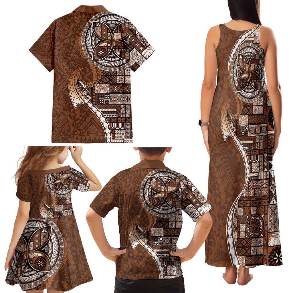 Samoan Siapo Art Tattoo Polynesian Pattern Family Matching Tank Maxi Dress and Hawaiian Shirt Brown Color - Polynesian Pride