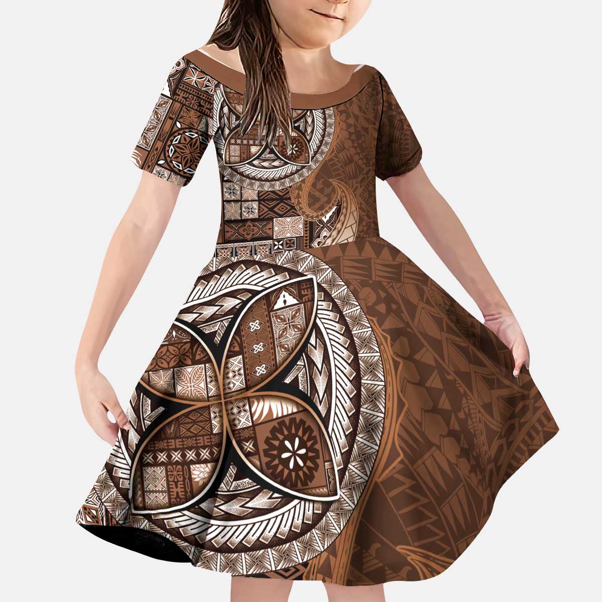 Samoan Siapo Art Tattoo Polynesian Pattern Kid Short Sleeve Dress Brown Color - Polynesian Pride
