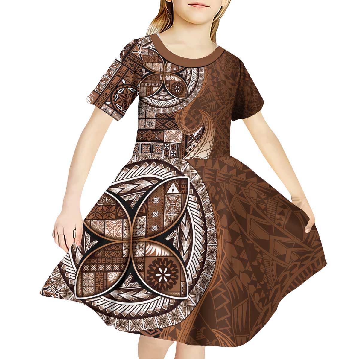 Samoan Siapo Art Tattoo Polynesian Pattern Kid Short Sleeve Dress Brown Color - Polynesian Pride
