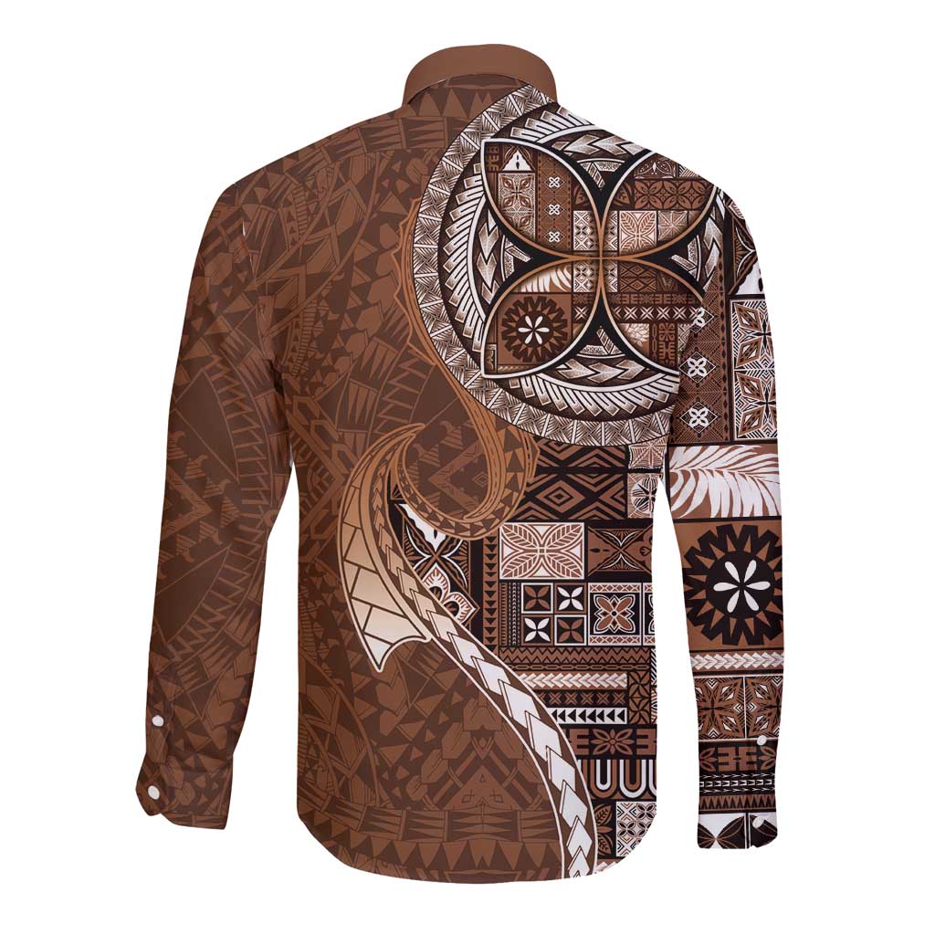 Samoan Siapo Art Tattoo Polynesian Pattern Long Sleeve Button Shirt Brown Color - Polynesian Pride