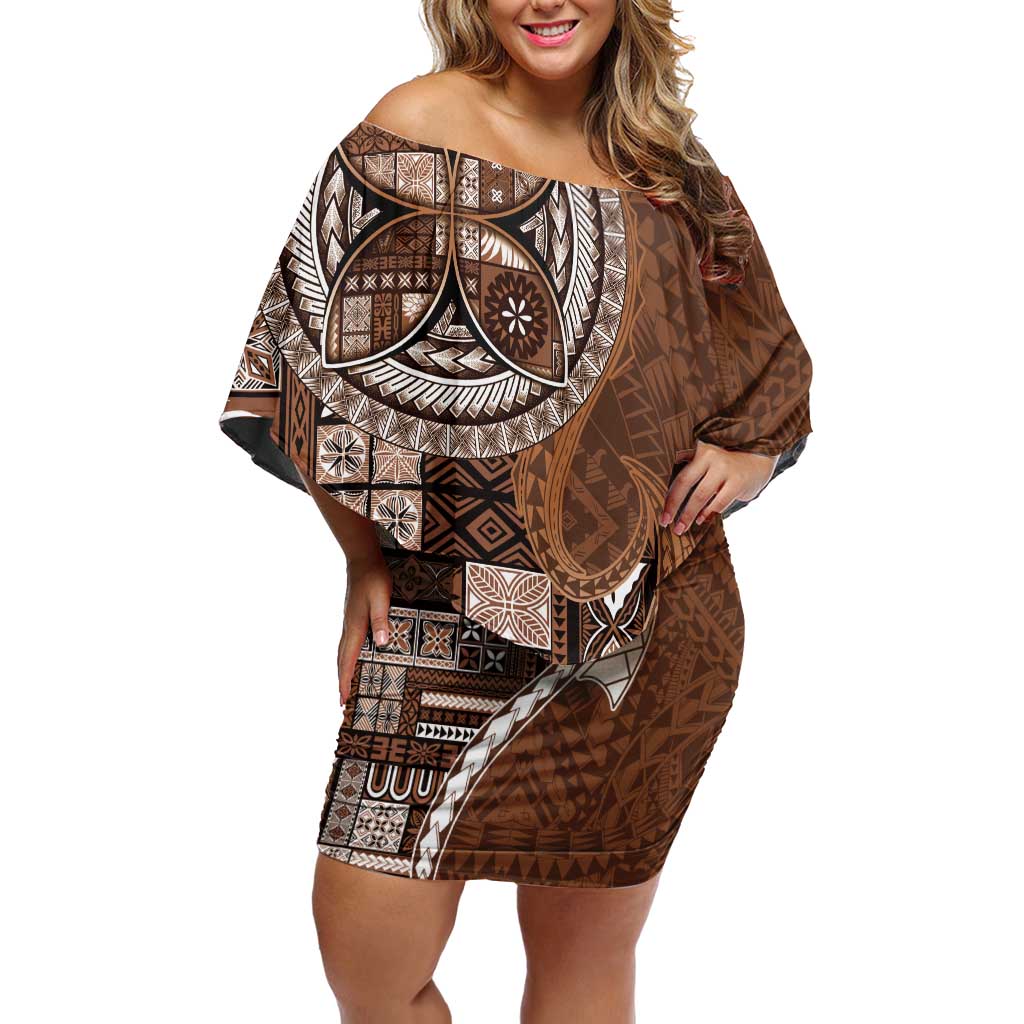 Samoan Siapo Art Tattoo Polynesian Pattern Off Shoulder Short Dress Brown Color - Polynesian Pride