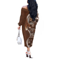 Samoan Siapo Art Tattoo Polynesian Pattern Off The Shoulder Long Sleeve Dress Brown Color - Polynesian Pride