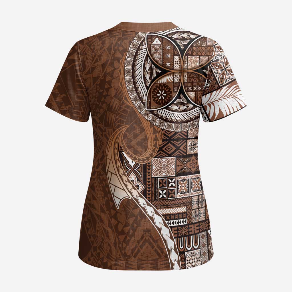 Samoan Siapo Art Tattoo Polynesian Pattern Scrub Top Brown Color - Polynesian Pride