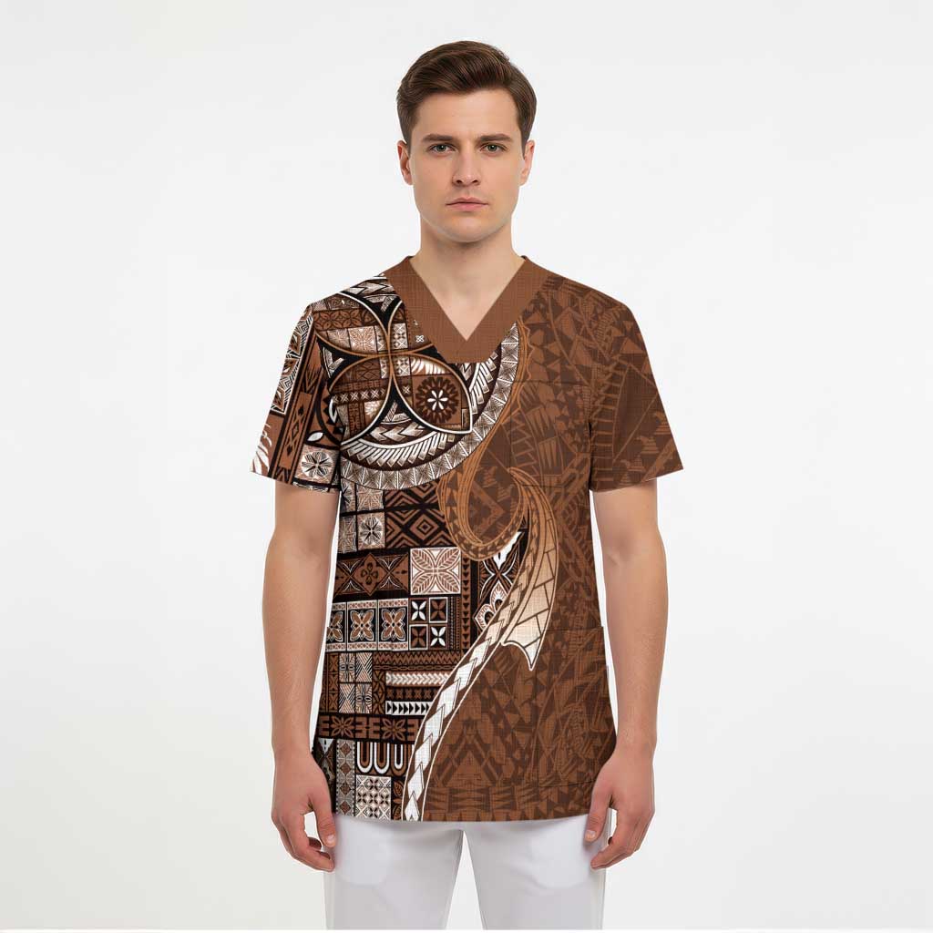 Samoan Siapo Art Tattoo Polynesian Pattern Scrub Top Brown Color - Polynesian Pride