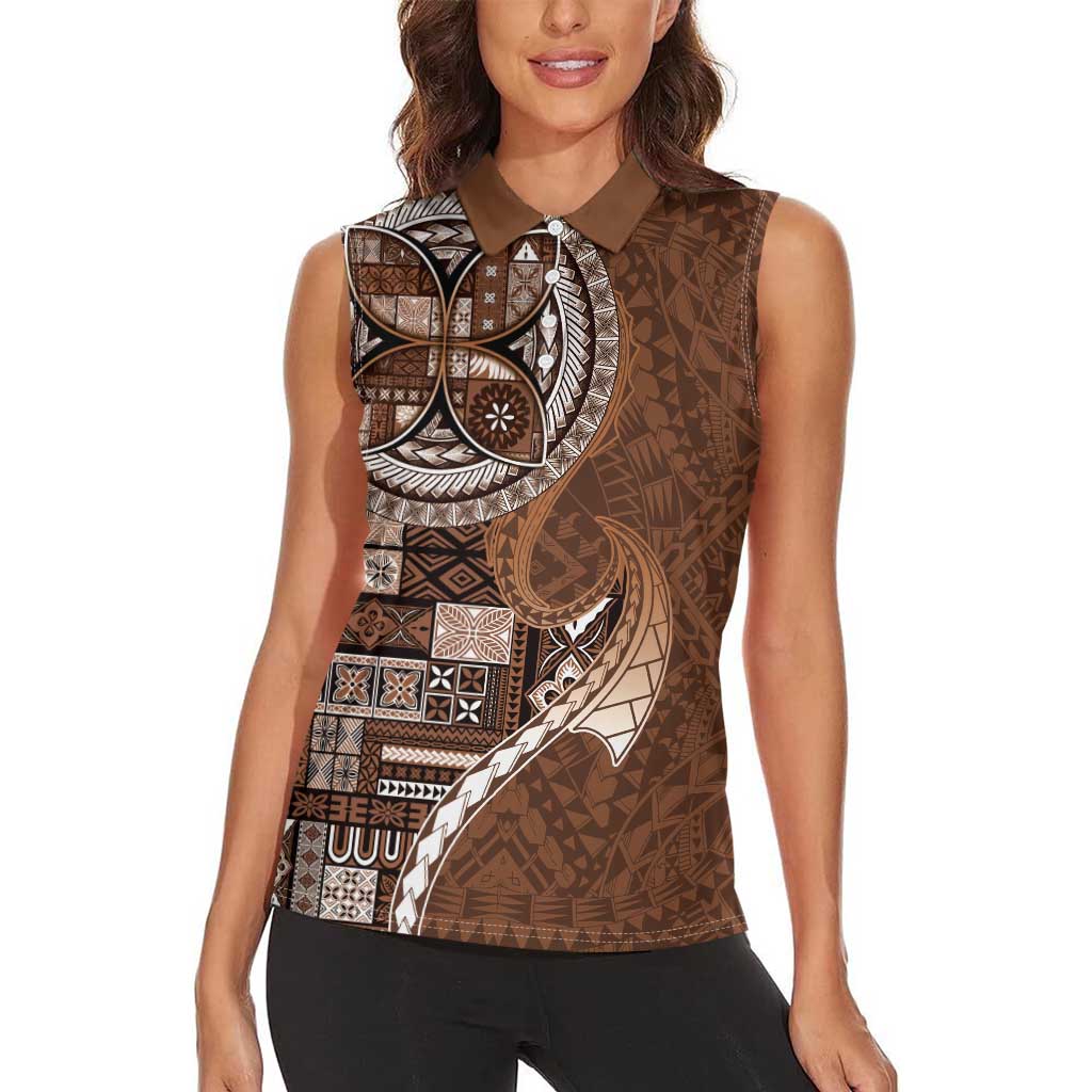 Samoan Siapo Art Tattoo Polynesian Pattern Women Sleeveless Polo Shirt Brown Color - Polynesian Pride