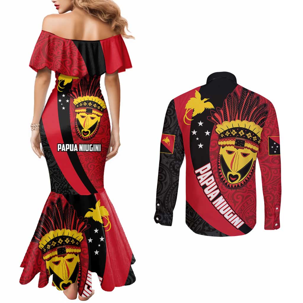 Papua New Guinea Mask Festival Couples Matching Mermaid Dress and Long Sleeve Button Shirt Papua Niugini Tribe Mask Melanesian Pattern