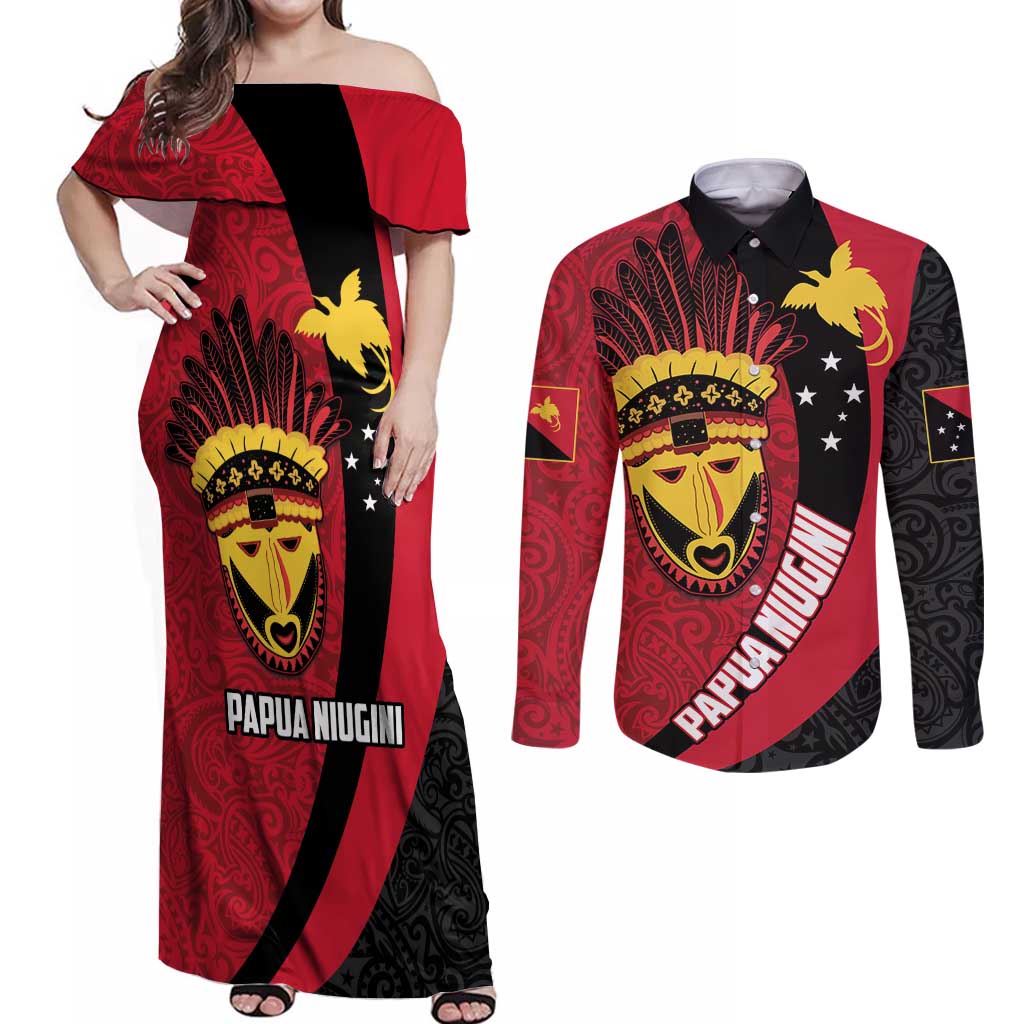 Papua New Guinea Mask Festival Couples Matching Off Shoulder Maxi Dress and Long Sleeve Button Shirt Papua Niugini Tribe Mask Melanesian Pattern