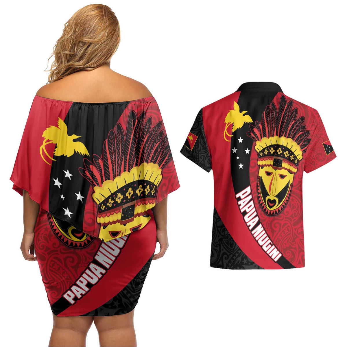 Papua New Guinea Mask Festival Couples Matching Off Shoulder Short Dress and Hawaiian Shirt Papua Niugini Tribe Mask Melanesian Pattern