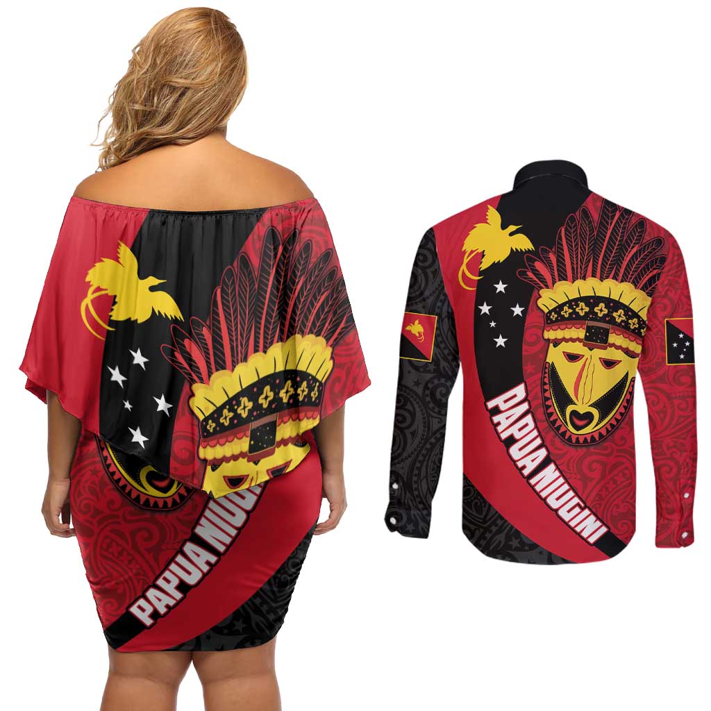 Papua New Guinea Mask Festival Couples Matching Off Shoulder Short Dress and Long Sleeve Button Shirt Papua Niugini Tribe Mask Melanesian Pattern