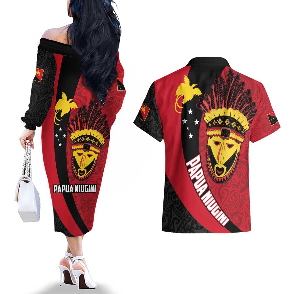 Papua New Guinea Mask Festival Couples Matching Off The Shoulder Long Sleeve Dress and Hawaiian Shirt Papua Niugini Tribe Mask Melanesian Pattern