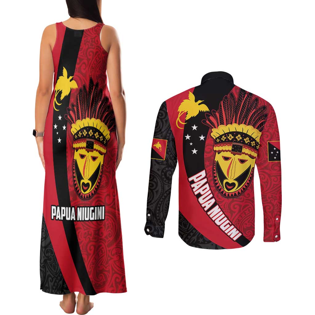 Papua New Guinea Mask Festival Couples Matching Tank Maxi Dress and Long Sleeve Button Shirt Papua Niugini Tribe Mask Melanesian Pattern