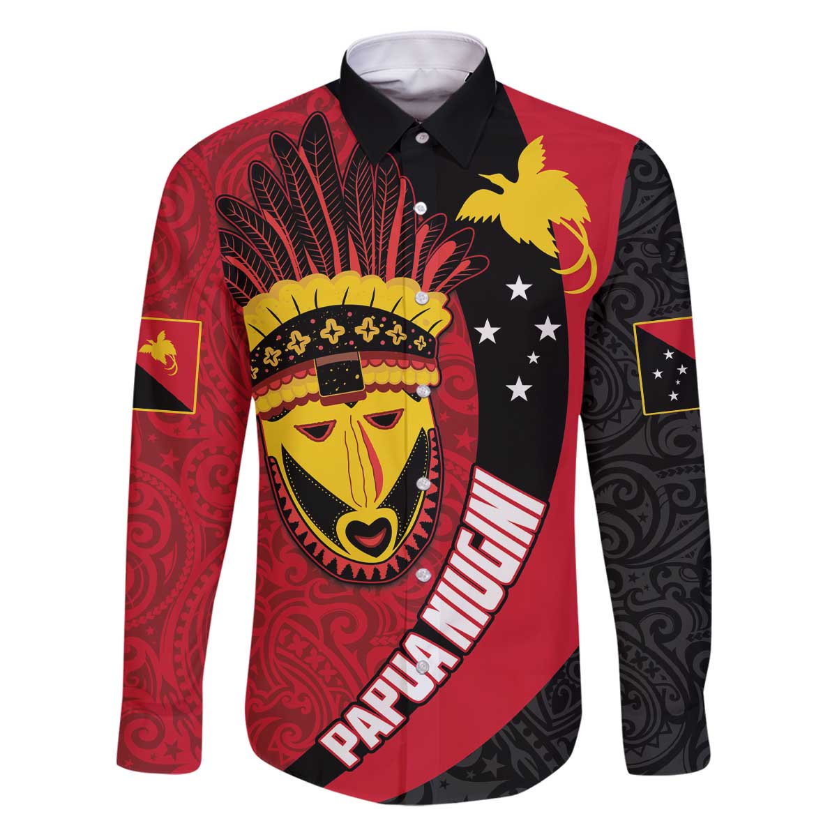 Papua New Guinea Mask Festival Family Matching Puletasi and Hawaiian Shirt Papua Niugini Tribe Mask Melanesian Pattern LT03 Dad's Shirt - Long Sleeve Red - Polynesian Pride