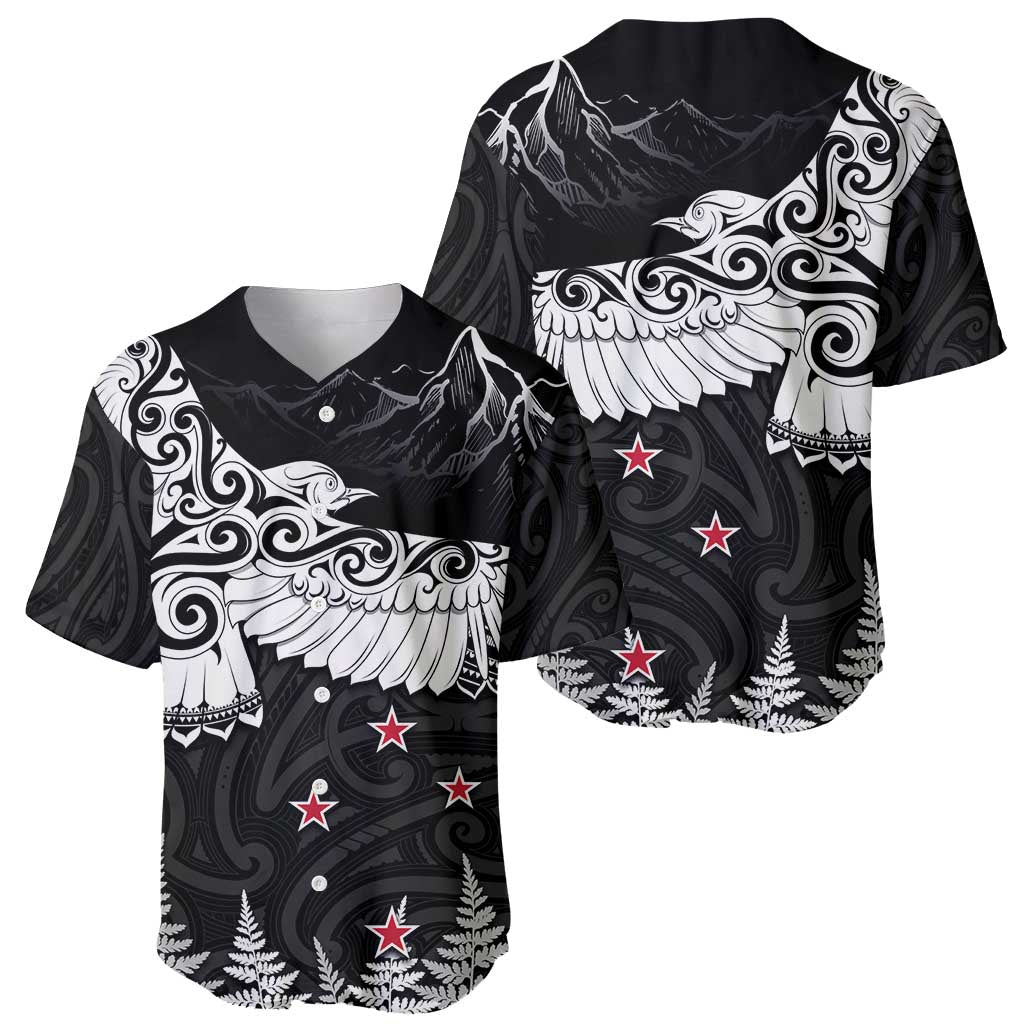 New Zealand Kea Bird Baseball Jersey Maori Tattoo and Silver Fern Black Color
