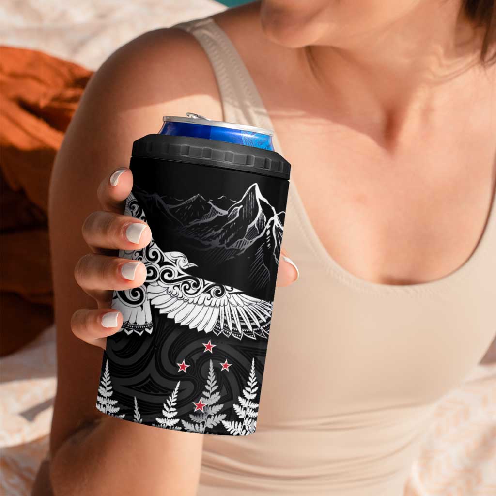 New Zealand Kea Bird 4 in 1 Can Cooler Tumbler Maori Tattoo and Silver Fern Black Color
