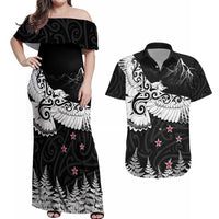 New Zealand Kea Bird Couples Matching Off Shoulder Maxi Dress and Hawaiian Shirt Maori Tattoo and Silver Fern Black Color