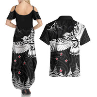 New Zealand Kea Bird Couples Matching Summer Maxi Dress and Hawaiian Shirt Maori Tattoo and Silver Fern Black Color LT03 - Polynesian Pride