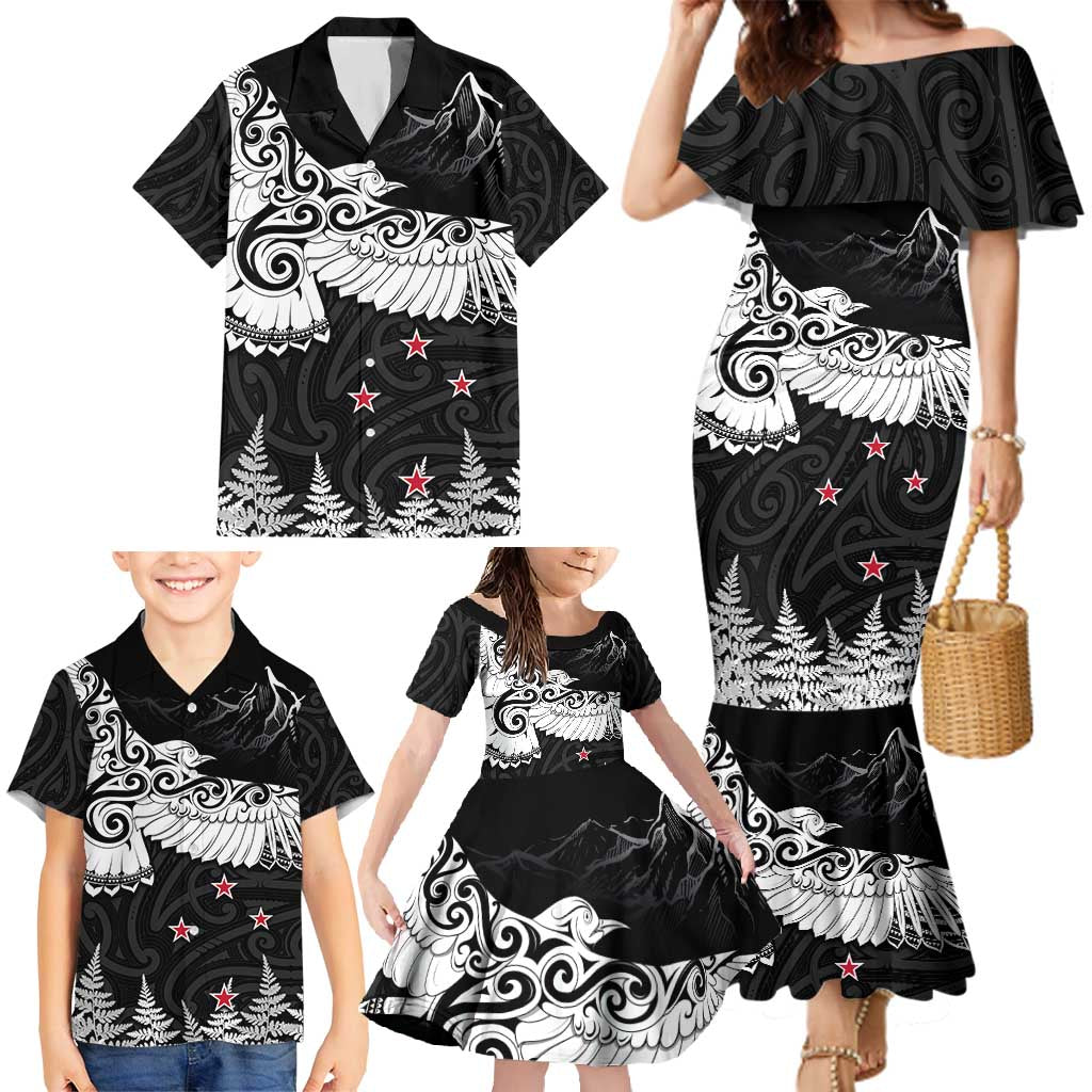 New Zealand Kea Bird Family Matching Mermaid Dress and Hawaiian Shirt Maori Tattoo and Silver Fern Black Color LT03 - Polynesian Pride