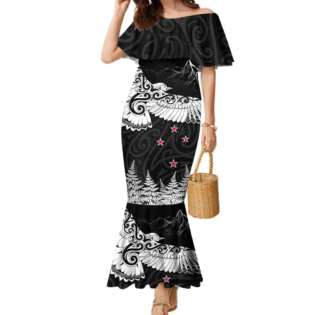 New Zealand Kea Bird Family Matching Mermaid Dress and Hawaiian Shirt Maori Tattoo and Silver Fern Black Color LT03 Mom's Dress Black - Polynesian Pride