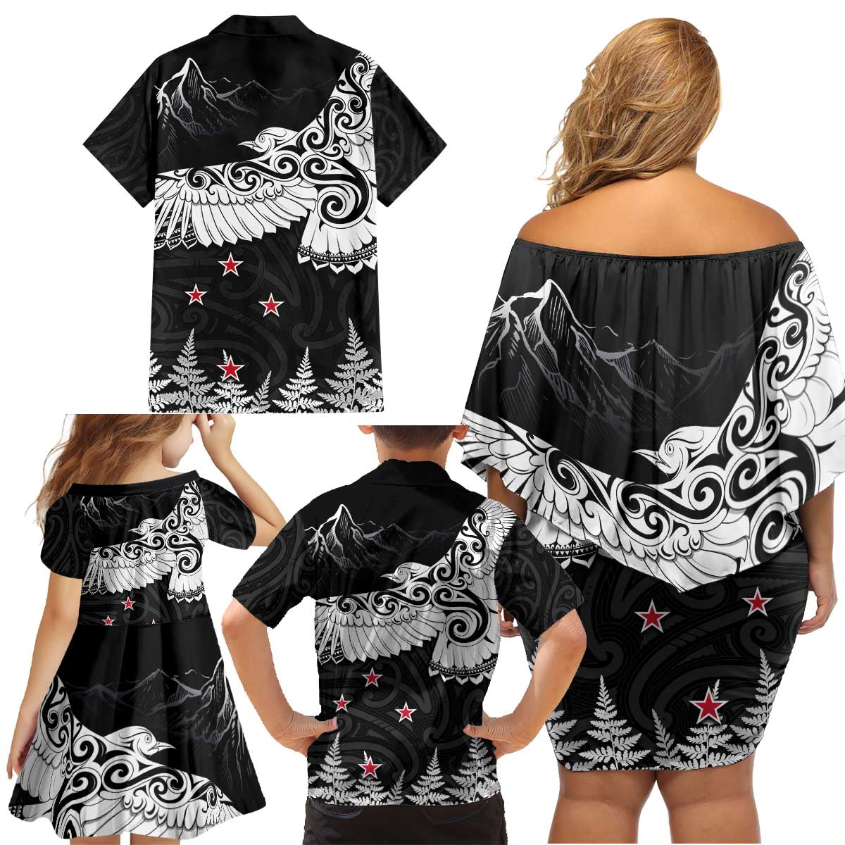 New Zealand Kea Bird Family Matching Off Shoulder Short Dress and Hawaiian Shirt Maori Tattoo and Silver Fern Black Color