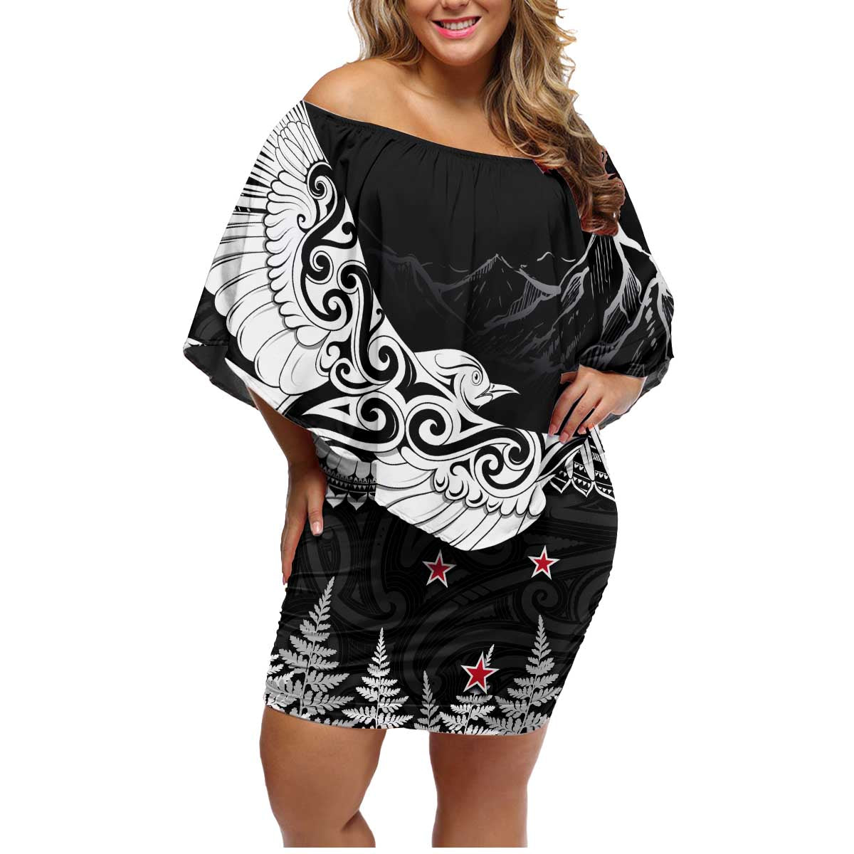 New Zealand Kea Bird Family Matching Off Shoulder Short Dress and Hawaiian Shirt Maori Tattoo and Silver Fern Black Color