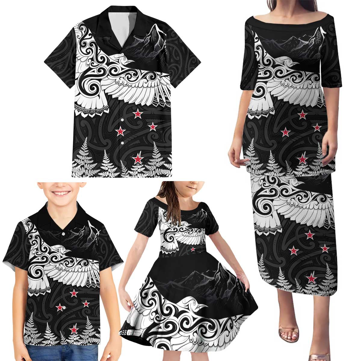 New Zealand Kea Bird Family Matching Puletasi and Hawaiian Shirt Maori Tattoo and Silver Fern Black Color LT03 - Polynesian Pride