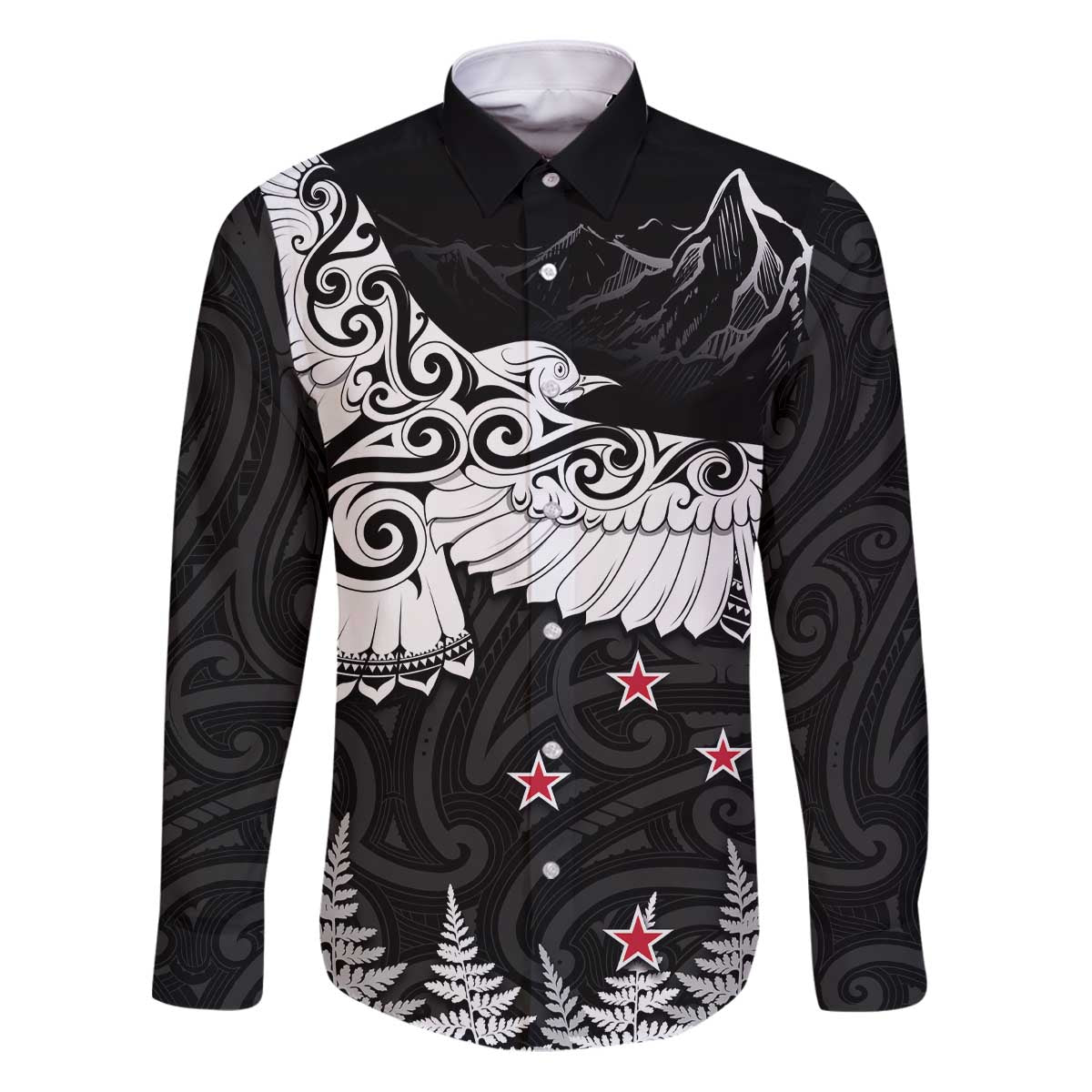 New Zealand Kea Bird Family Matching Puletasi and Hawaiian Shirt Maori Tattoo and Silver Fern Black Color LT03 Dad's Shirt - Long Sleeve Black - Polynesian Pride