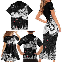New Zealand Kea Bird Family Matching Short Sleeve Bodycon Dress and Hawaiian Shirt Maori Tattoo and Silver Fern Black Color LT03 - Polynesian Pride