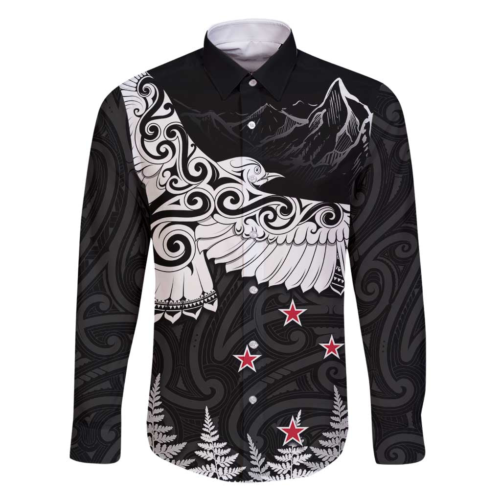 New Zealand Kea Bird Family Matching Summer Maxi Dress and Hawaiian Shirt Maori Tattoo and Silver Fern Black Color LT03 Dad's Shirt - Long Sleeve Black - Polynesian Pride