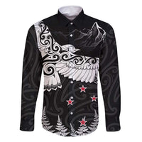 New Zealand Kea Bird Family Matching Summer Maxi Dress and Hawaiian Shirt Maori Tattoo and Silver Fern Black Color LT03 Dad's Shirt - Long Sleeve Black - Polynesian Pride