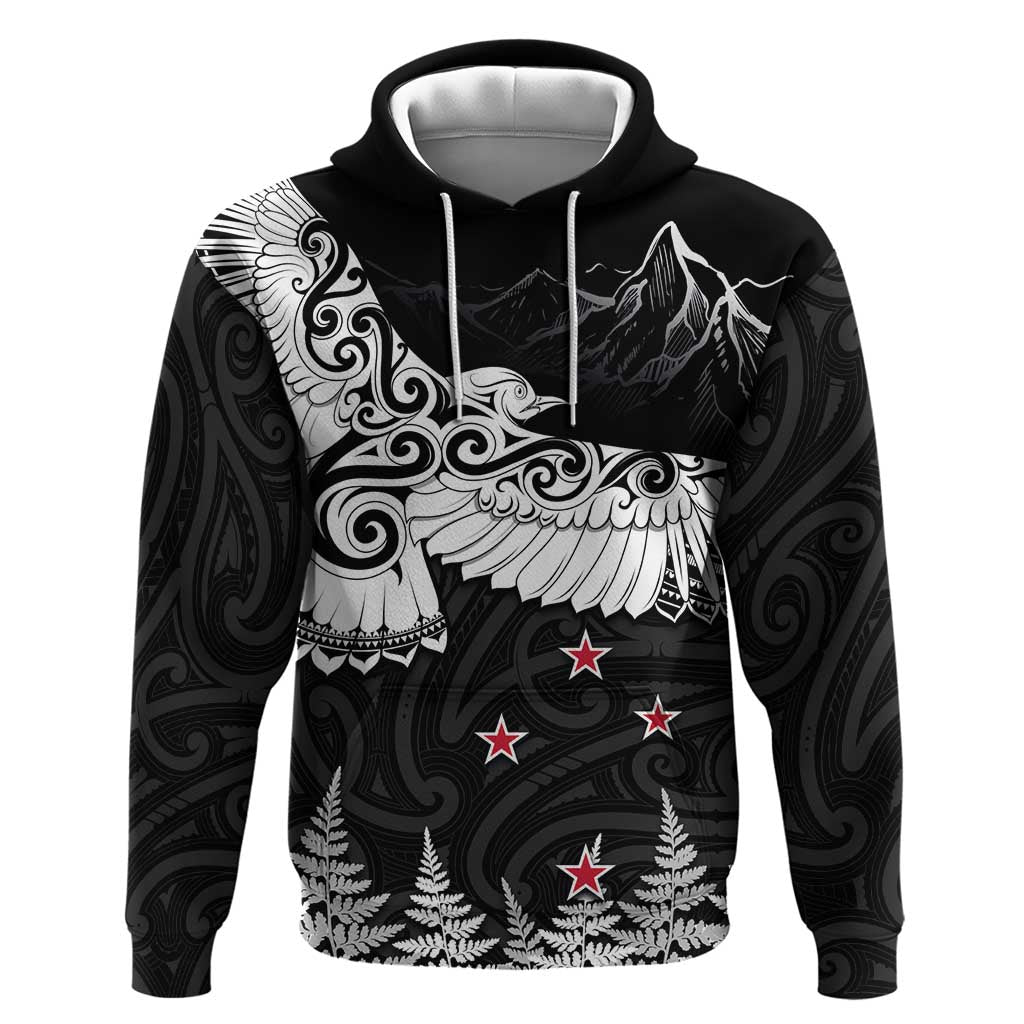 New Zealand Kea Bird Hoodie Maori Tattoo and Silver Fern Black Color