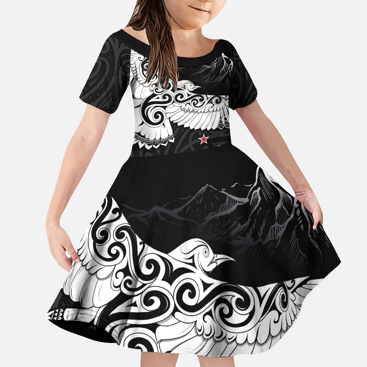 New Zealand Kea Bird Kid Short Sleeve Dress Maori Tattoo and Silver Fern Black Color LT03 KID Black - Polynesian Pride