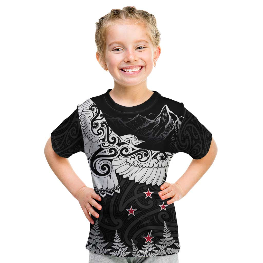 New Zealand Kea Bird Kid T Shirt Maori Tattoo and Silver Fern Black Color LT03 Black - Polynesian Pride