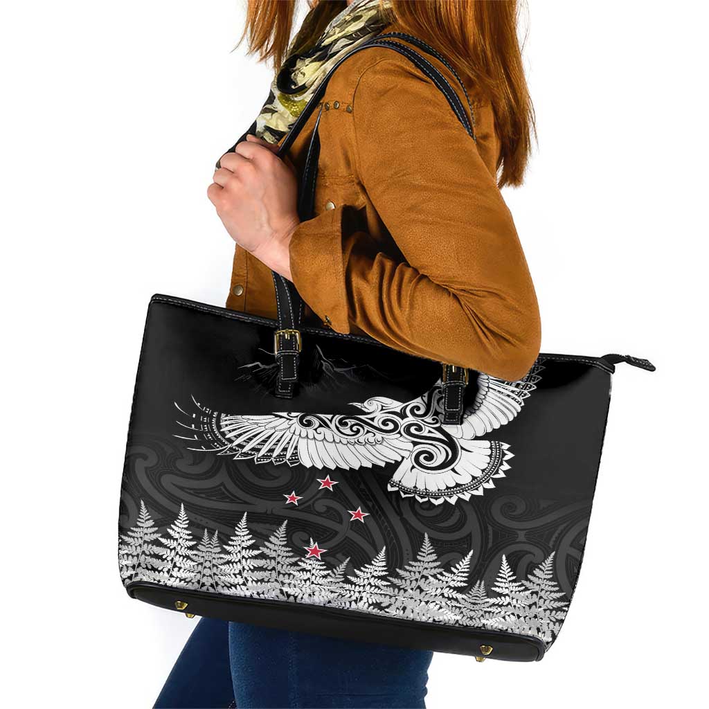 New Zealand Kea Bird Leather Tote Bag Maori Tattoo and Silver Fern Black Color LT03 Black - Polynesian Pride