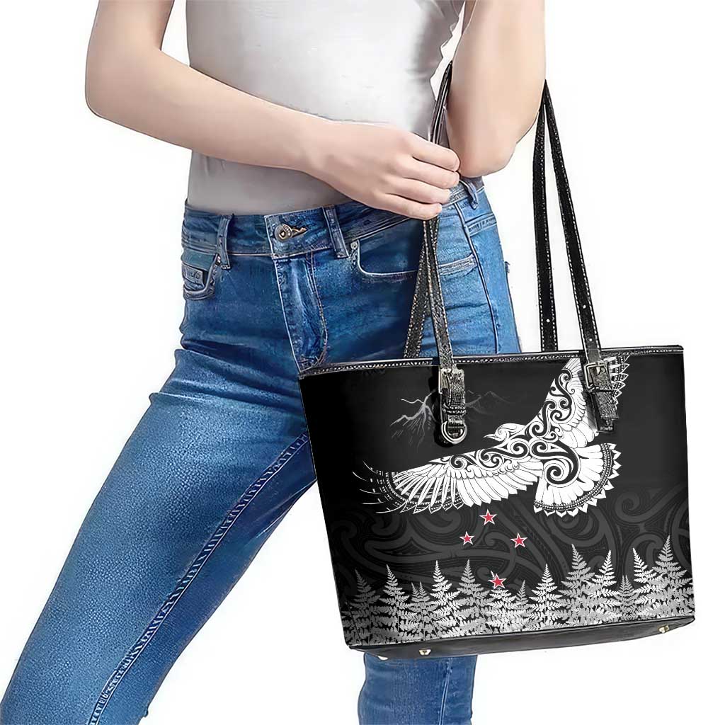 New Zealand Kea Bird Leather Tote Bag Maori Tattoo and Silver Fern Black Color LT03 - Polynesian Pride