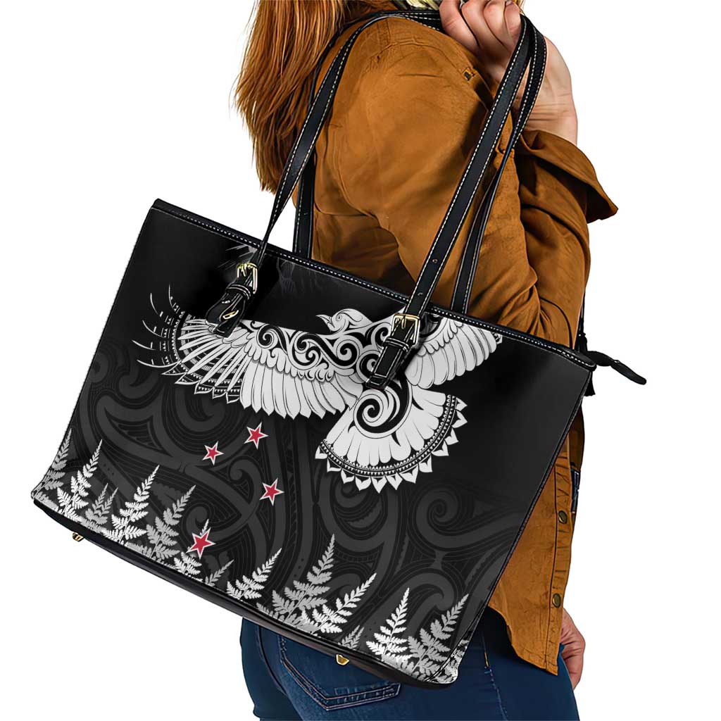 New Zealand Kea Bird Leather Tote Bag Maori Tattoo and Silver Fern Black Color LT03 - Polynesian Pride