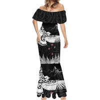 New Zealand Kea Bird Mermaid Dress Maori Tattoo and Silver Fern Black Color LT03 - Polynesian Pride