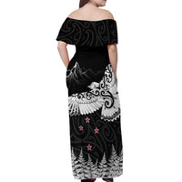 New Zealand Kea Bird Off Shoulder Maxi Dress Maori Tattoo and Silver Fern Black Color LT03 - Polynesian Pride