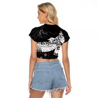 New Zealand Kea Bird Raglan Cropped T Shirt Maori Tattoo and Silver Fern Black Color LT03 - Polynesian Pride