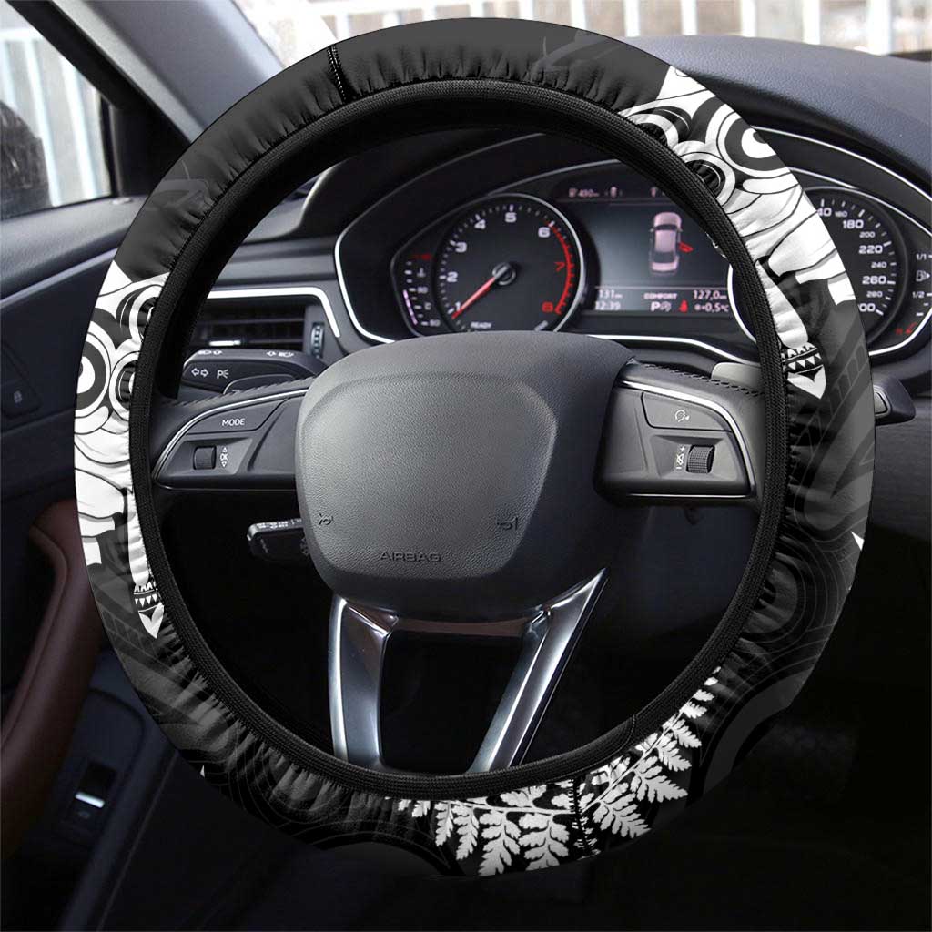 New Zealand Kea Bird Steering Wheel Cover Maori Tattoo and Silver Fern Black Color