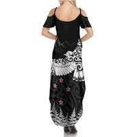 New Zealand Kea Bird Summer Maxi Dress Maori Tattoo and Silver Fern Black Color LT03 - Polynesian Pride