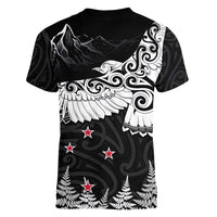 New Zealand Kea Bird Women V-Neck T-Shirt Maori Tattoo and Silver Fern Black Color LT03 - Polynesian Pride