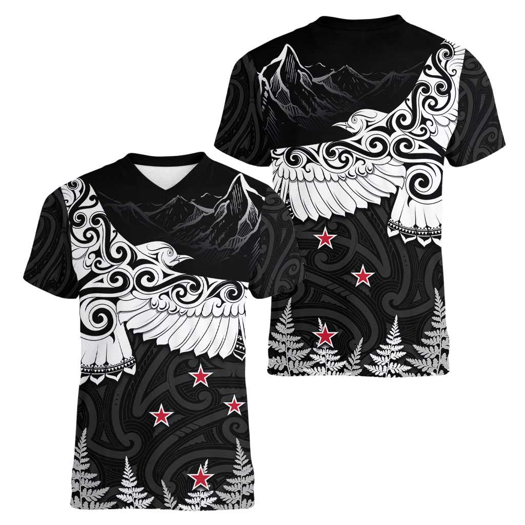 New Zealand Kea Bird Women V-Neck T-Shirt Maori Tattoo and Silver Fern Black Color LT03 - Polynesian Pride